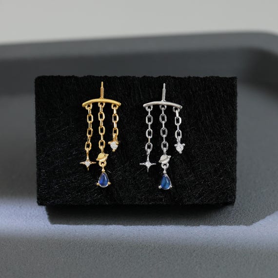 Moonstone ＆ Moissanite Dangle Chain Hidden Helix Earring | Gold Plated Star Planet Screw Flat Back Stud | 925 Silver Cartilage Conch Jewelry