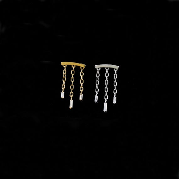 Moissanite Triple Chain Hidden Helix Earring | Sterling Silver Dangle Chain Cartilage Flat Back Stud | Gemstone Tragus Lobe Conch Piercing