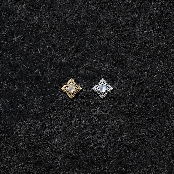 Moonstone Floral Flat Back Stud Earring | Sterling Silver Gemstone Cartilage Threadless Push Pin | 14K Gold Plated Helix Lobe Conch Piercing