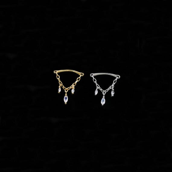 Labradorite Dangle Chain Hidden Helix Earring | Sterling Silver Triple Drop Piercing | Threadless Push Pin | Cartilage Lobe Conch Flat Back