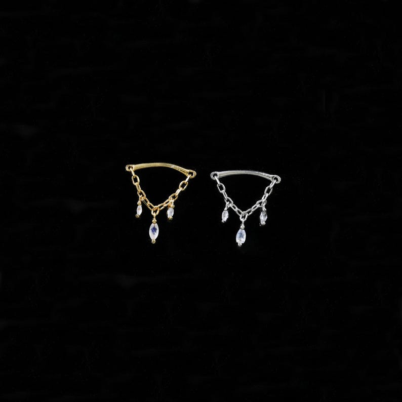 Labradorite Dangle Chain Hidden Helix Earring | Sterling Silver Triple Drop Piercing | Threadless Push Pin | Cartilage Lobe Conch Flat Back image 1
