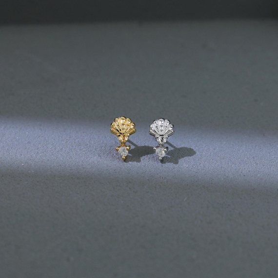 Moissanite Seashell Dangle Stud Earring | Sterling Silver Ocean-Inspired Flat Back | Cartilage Helix Lobe Piercing | Threadless Push Pin