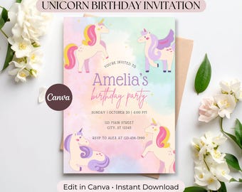 Eenhoorn verjaardagsuitnodiging bewerkbare canvassjabloon Pink Girl Party uitnodiging afdrukbare Instant Download