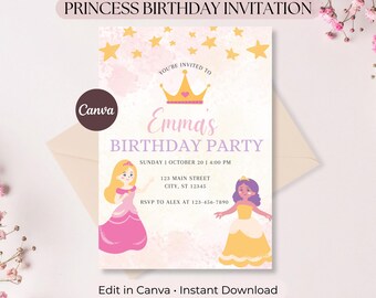 Prinses verjaardagsuitnodiging bewerkbare canvassjabloon roze Royal Party uitnodiging afdrukbare Instant Download