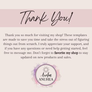 Op de afbeelding: Een digitale afbeelding met de handgeschreven woorden "Thank You!". De tekst hieronder bedankt bezoekers en moedigt hen aan om de shop te favorieten. Onderaan staat een cirkelvormig logo met "Aroha ANUHEA".