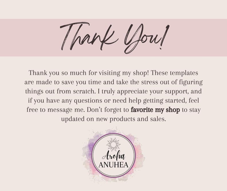 Op de afbeelding: Een digitale afbeelding met de handgeschreven woorden "Thank You!". De tekst hieronder bedankt bezoekers en moedigt hen aan om de shop te favorieten. Onderaan staat een cirkelvormig logo met "Aroha ANUHEA".