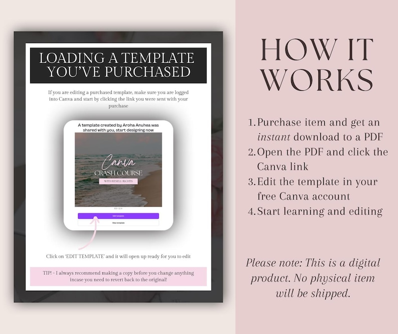 Op de afbeelding: Een digitale productgids met instructies over het gebruik van een Canva-sjabloon. De gids bevat de tekst "LOADING A TEMPLATE YOU'VE PURCHASED" en "HOW IT WORKS". De gids staat op een roze achtergrond.