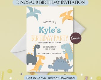 Dinosaurus verjaardagsuitnodiging bewerkbare Canva-sjabloon Dino-feestuitnodiging Jurassic verjaardag afdrukbare Instant Download