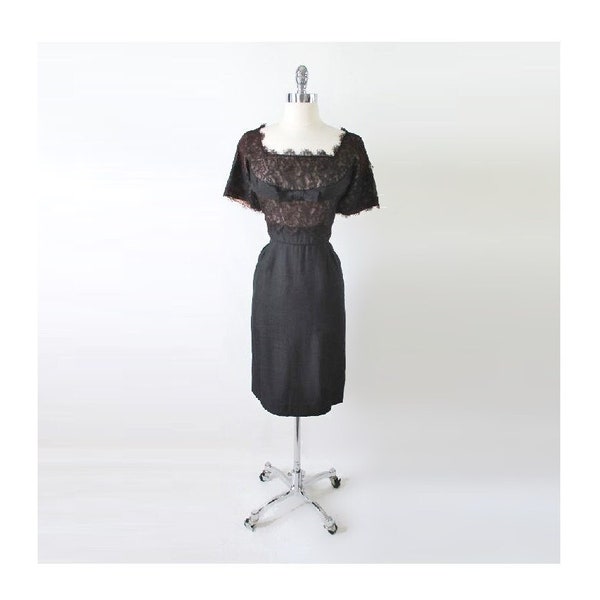 Vintage 50s  H. Liebes  Black Lace Evening Cocktail Party Wiggle Sheath Dress  M