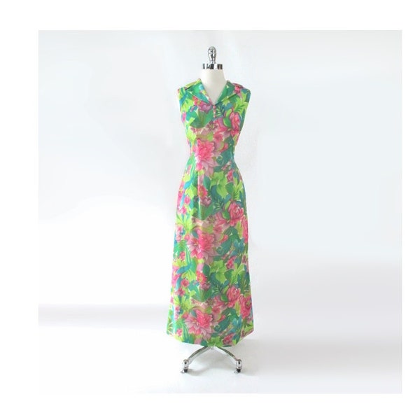 Vintage 60s Hawaiian Maxi Gown Tropical Garden Dress S