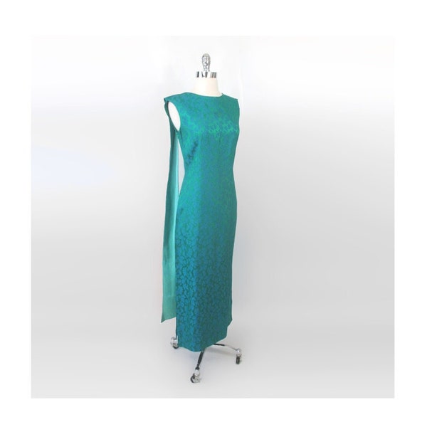 Vintage 60s Green Jacquard Shoulder Sash Hawaiian Dress | Evening Gown M