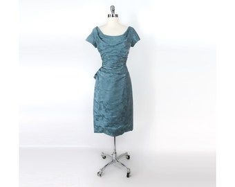 Vintage 50s Draped Floral Jacquard Rear Sash Party Dress S