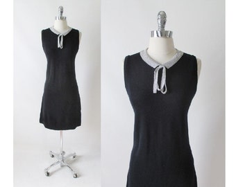 Vintage 60s Donbros Scotland Black & Silver Knit Sweater Shift Dress M