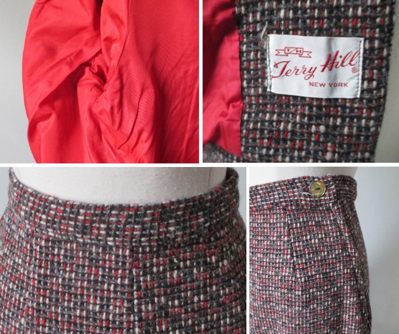Vintage 60s Red Black White Fleck Tweed Skirt Jacket Suit Set M