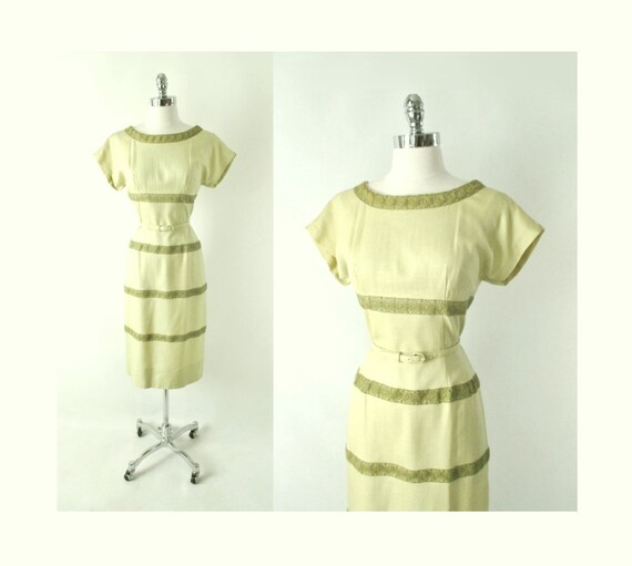 Vintage 50s Linen & Lace Sheath Dress M