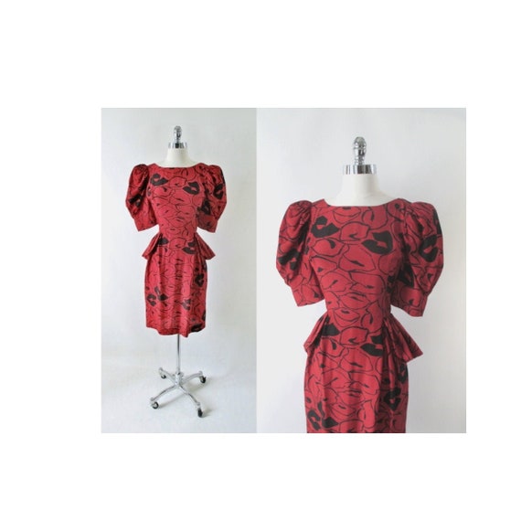 Vintage 80s 40s Style Glam Red Puff Sleeve Peplum