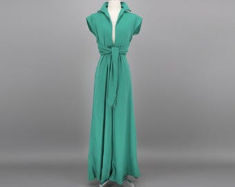 Vintage 70s Seafoam Green Tie Top Wide Leg Jumpsuit XS
