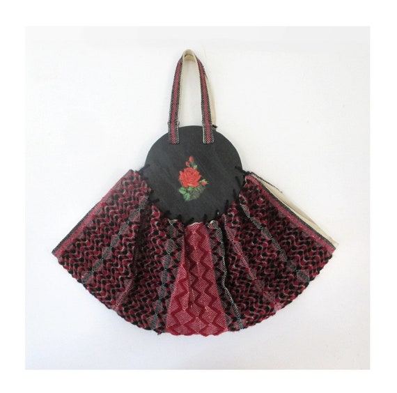 Vintage 40s Red Roses Fabric & Wood Bonnie Style B