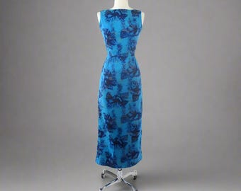 Vintage 60s Blue Sheath Hawaiian Dress Long Gown S