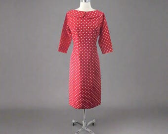 Vintage 50s Red Polka Dot Blouson Back Sheath Dress M