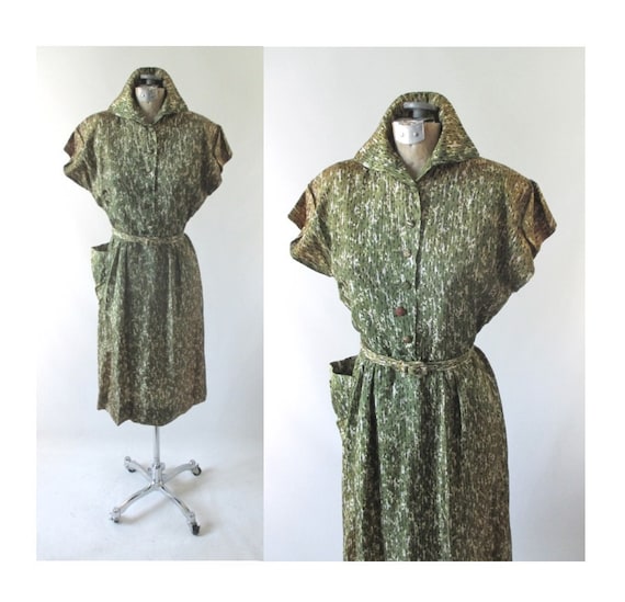 Vintage 40s Green Casual Day Dress M