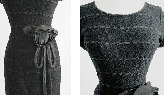 Vintage 50s Black Knit Ribbon Dress | Removable R… - image 4