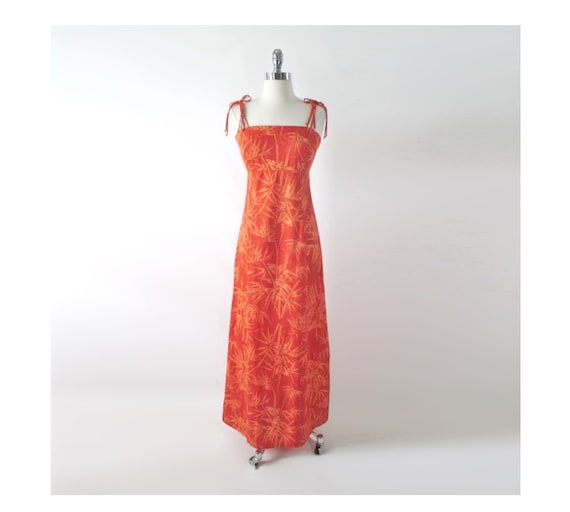 Vintage 70s Tropical Hawaiian Bamboo Orange Maxi … - image 1