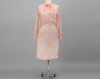 Vintage 60s Peach Paisley Blouse & Skirt Matching Set S