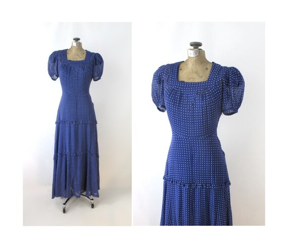 Vintage 30s 40s Sheer Blue Swiss Dot Dress Gown XS
