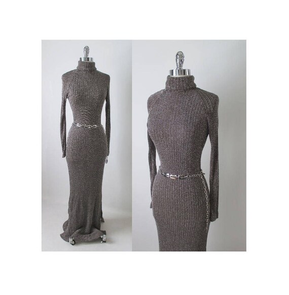 Vintage 70s Sleek Silver Lurex Full Length Knit Sweater Dress Gown M