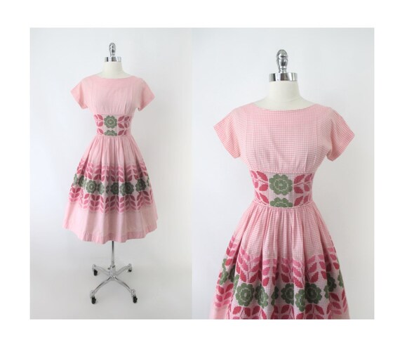 Vintage 50s Jean Leslie Pink Gingham Stitched Flower … - Gem