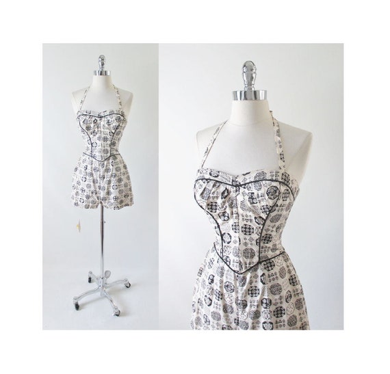 Vintage 50s Swimsuit Playsuit Romper Shorts XS S