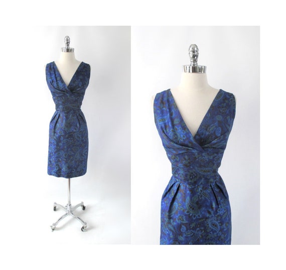 Vintage 50s Blue Paisley Sheath Party Dress L