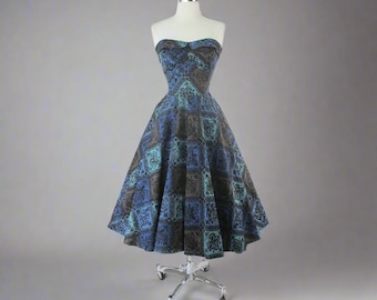Vintage 50s Color Block Hawaiian Dress M