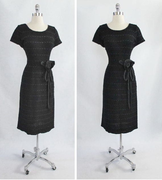 Vintage 50s Black Knit Ribbon Dress Removable Taf… - image 3