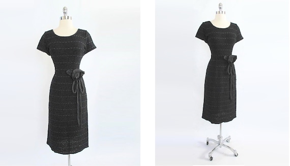 Vintage 50s Black Knit Ribbon Dress | Removable R… - image 2
