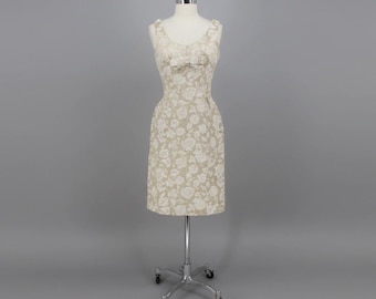Vintage 60s 50s Champagne Jacquard Sheath Party Dress XS