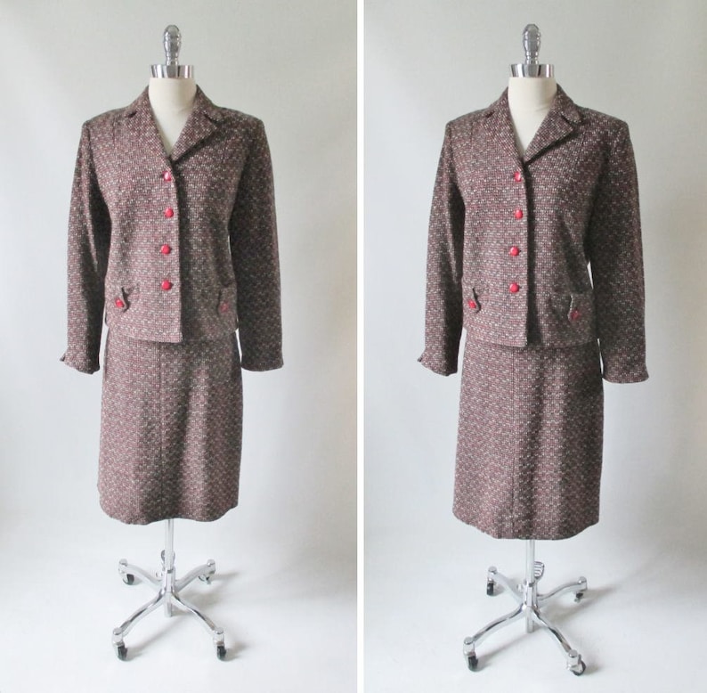 Vintage 60s Red Black White Fleck Tweed Skirt Jacket Suit Set M