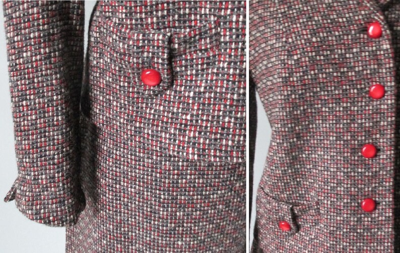 Vintage 60s Red Black White Fleck Tweed Skirt Jacket Suit Set M