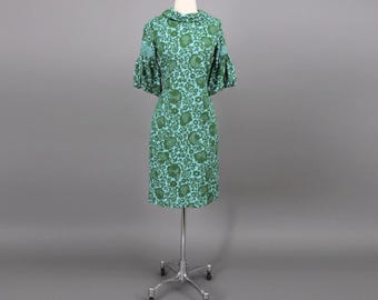 Vintage 60s Green & Blue Floral  Puff Sleeve Party Dress S