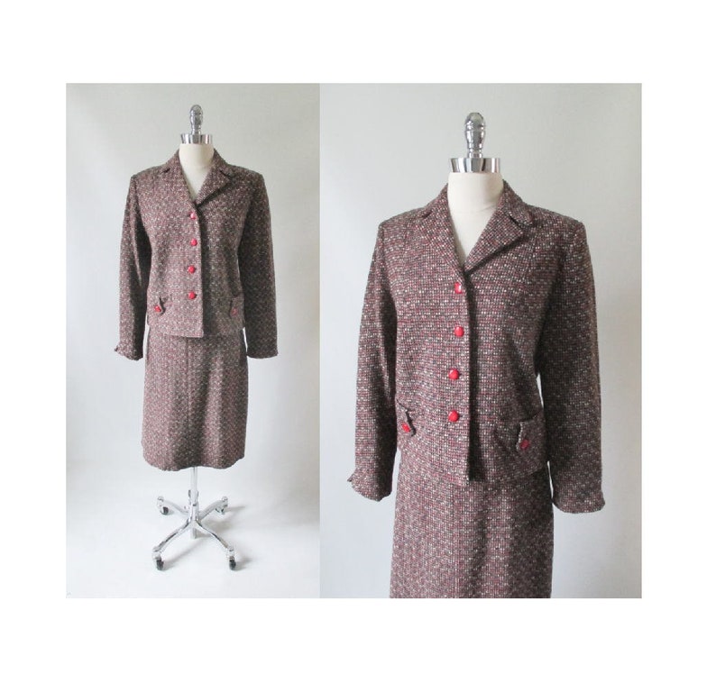 Vintage 60s Red Black White Fleck Tweed Skirt Jacket Suit Set M