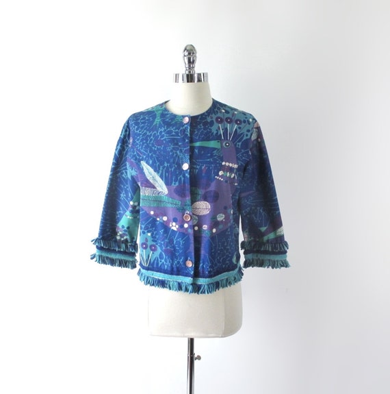 Vintage 60s Mid Century Novelty Peacock Print Jac… - image 2