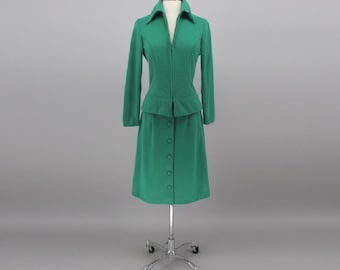 Vintage 70s Green Suit Button Front Skirt Set M