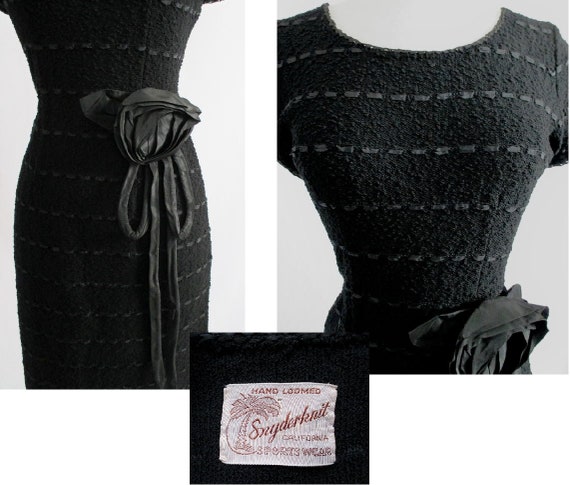 Vintage 50s Black Knit Ribbon Dress Removable Taf… - image 5