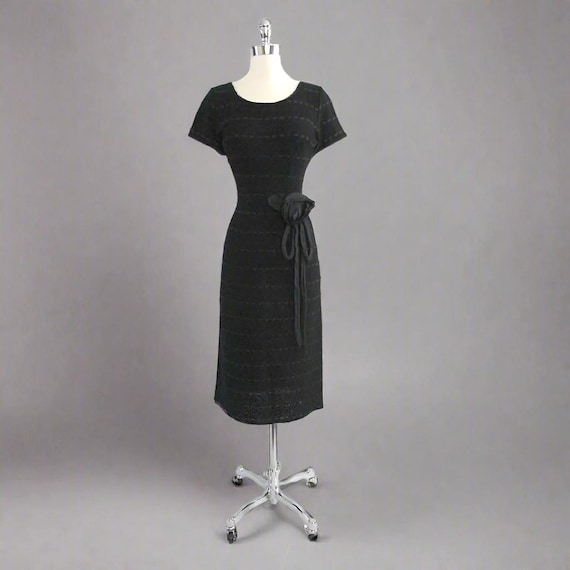Vintage 50s Black Knit Ribbon Dress | Removable R… - image 1