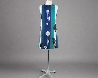 Vintage 60s Mid Century Rose Print Striped Shift Party Dress S
