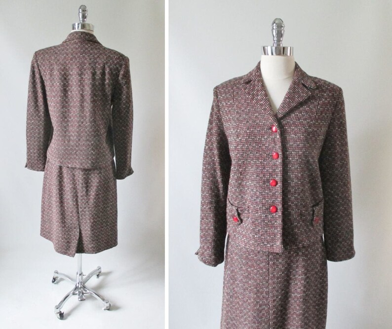 Vintage 60s Red Black White Fleck Tweed Skirt Jacket Suit Set M