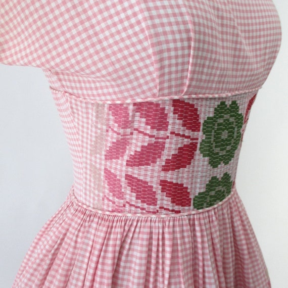 Vintage 50s Jean Leslie Pink Gingham Stitched Flo… - image 6