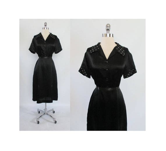 Vintage 30s 40s Black Satin White Polka Dot Rayon