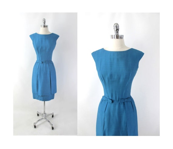 Vintage 60s Blue Dual Split Skirt Party Dress S